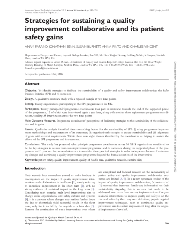 (PDF) Strategies for sustaining a quality improvement collaborative and ...