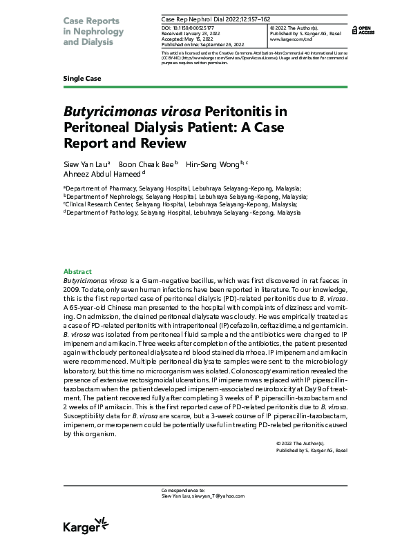 (PDF) Butyricimonas virosa Peritonitis in Peritoneal Dialysis Patient