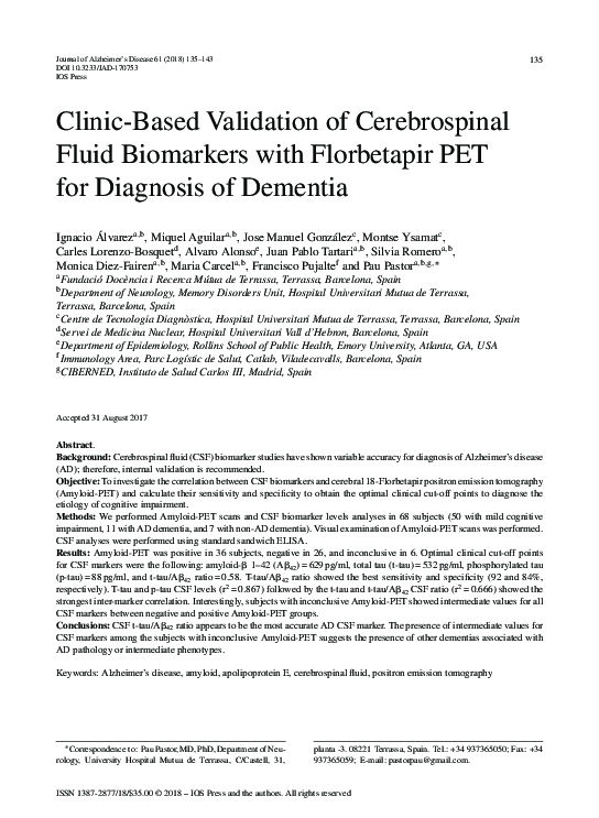 (PDF) CSF Biomarkers and Florbetapir PET in Dementia Diagnosis