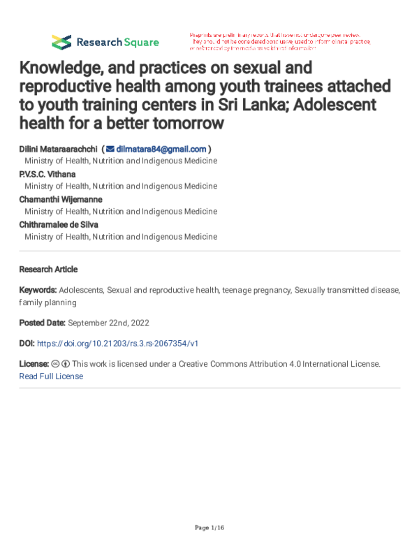 (PDF) Knowledge, and practices on sexual and reproductive health among ...