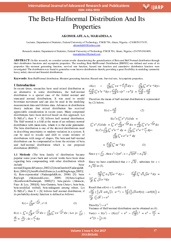 (PDF) The Beta-Halfnormal Distribution and Its Properties | Akomolafe ...