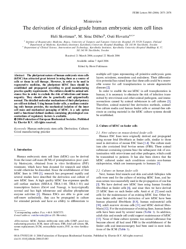 (PDF) The derivation of clinical-grade human embryonic stem cell lines
