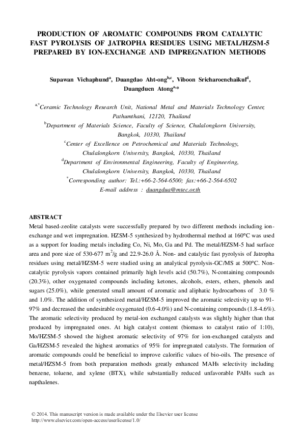 (PDF) Production of aromatic compounds from catalytic fast pyrolysis of ...