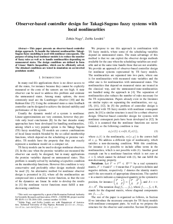 (PDF) Observer-based controller design for Takagi-Sugeno fuzzy systems ...