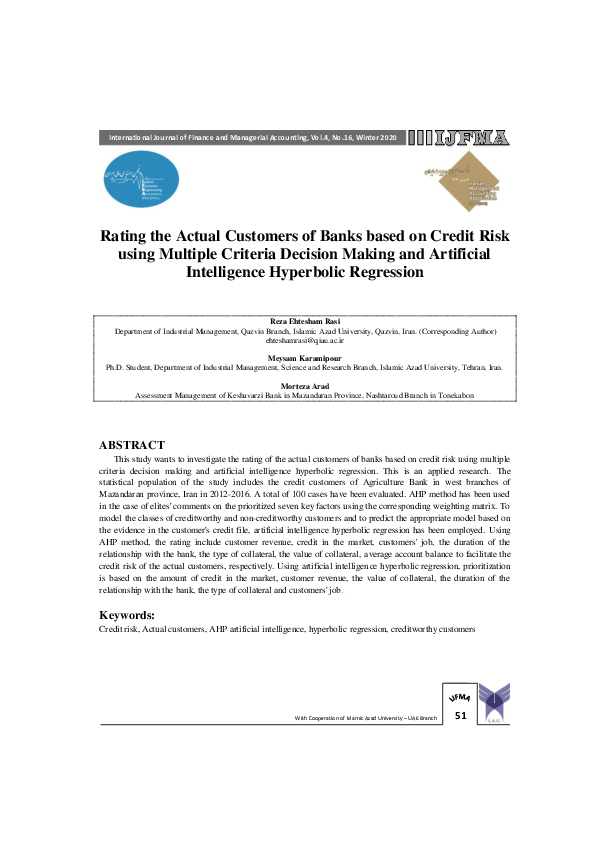 (PDF) Rating the Actual Customers of Banks based on Credit Risk using ...