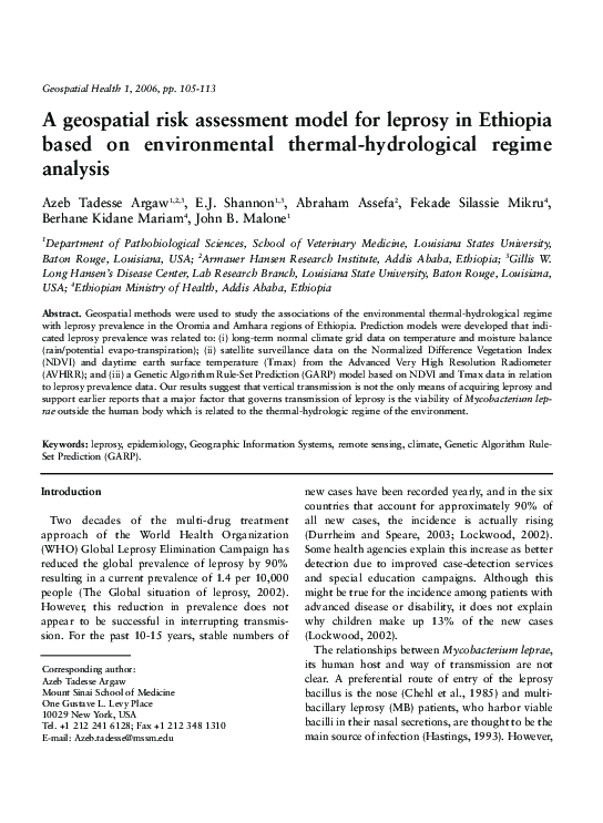 (PDF) A geospatial risk assessment model for leprosy in Ethiopia based ...