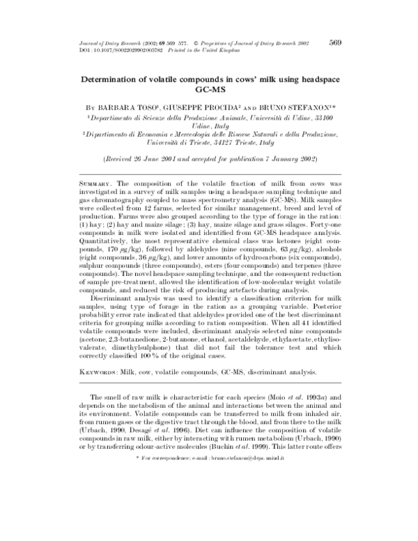 (PDF) Determination of volatile compounds in cows' milk using headspace ...