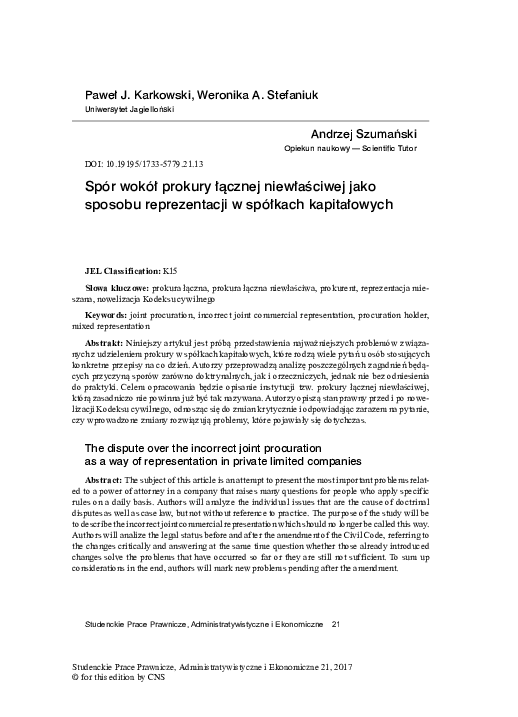 (PDF) Spór wokół prokury łącznej niewłaściwej jako sposobu ...