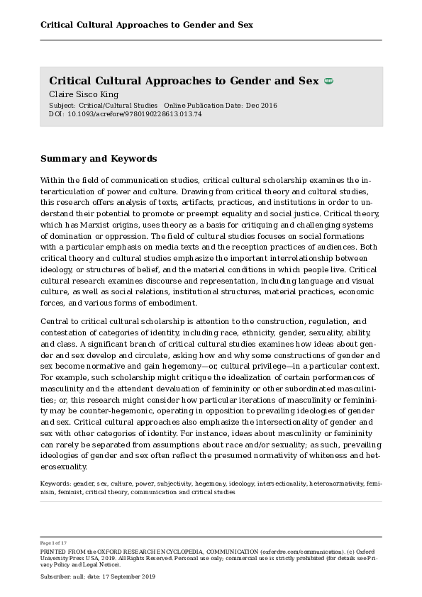 (PDF) Critical Cultural Approaches to Gender and Sex