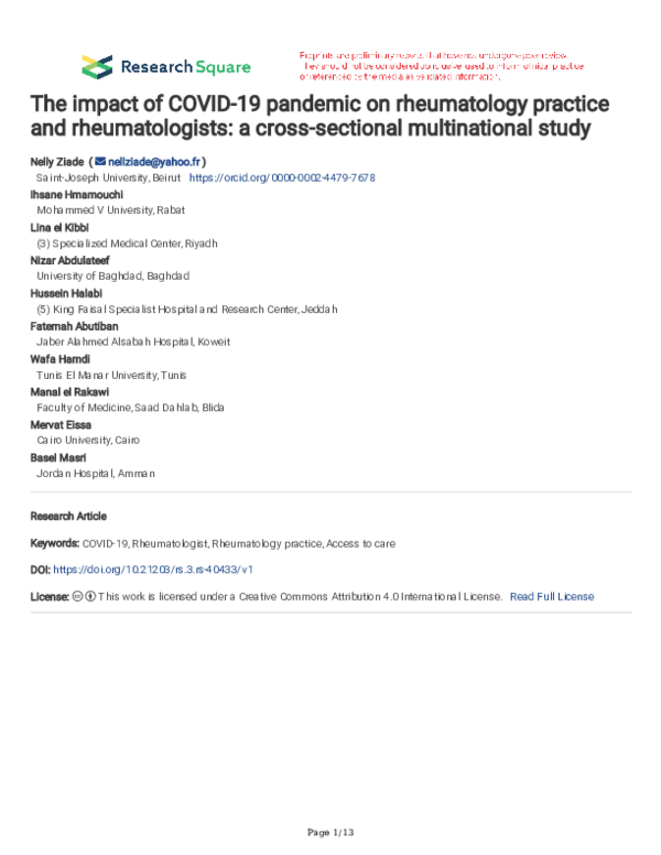 (PDF) The Impact of the COVID-19 Pandemic on Rheumatology Practice: A ...