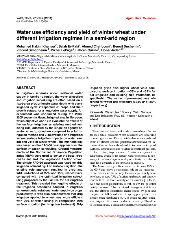 (PDF) Water use efficiency and yield of winter wheat under different ...