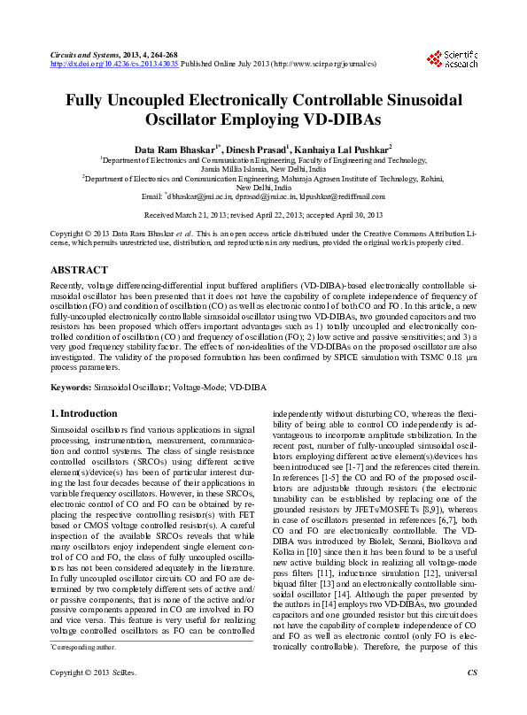 (PDF) Fully Uncoupled Electronically Controllable Sinusoidal Oscillator ...