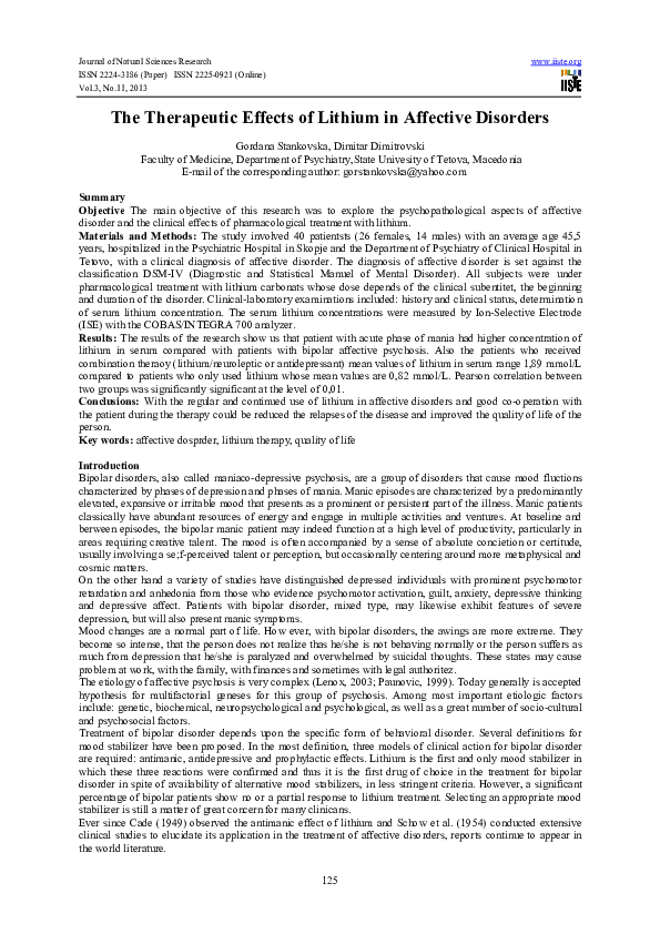 (PDF) The Therapeutic Effects of Lithium in Affective Disorders