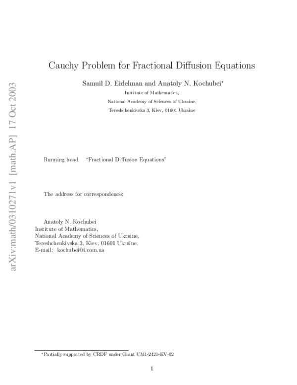 (PDF) Cauchy problem for fractional diffusion equations