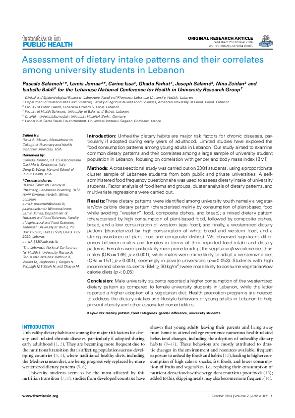(PDF) Assessment of Dietary Intake Patterns and Their Correlates among ...