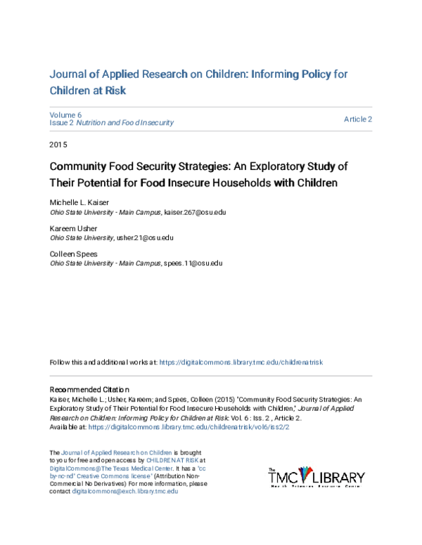 (PDF) Community Food Security Strategies: An Exploratory Study of Their ...