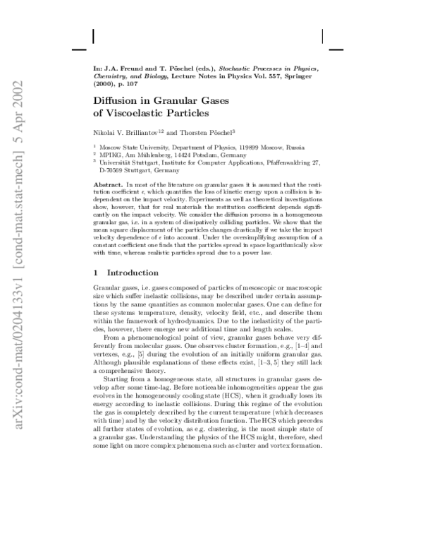 (PDF) Diffusion in Granular Gases of Viscoelastic Particles