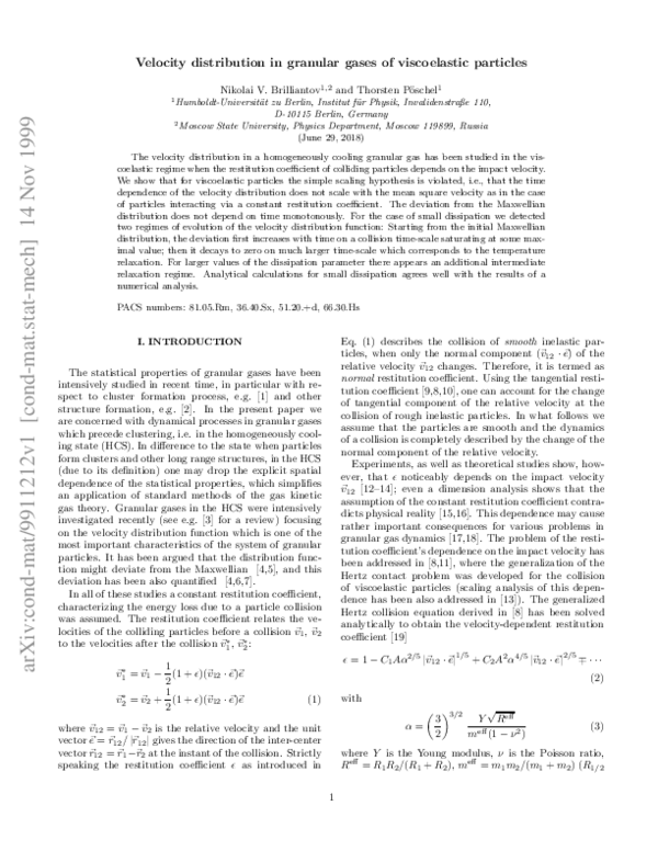 (PDF) Velocity distribution in granular gases of viscoelastic particles