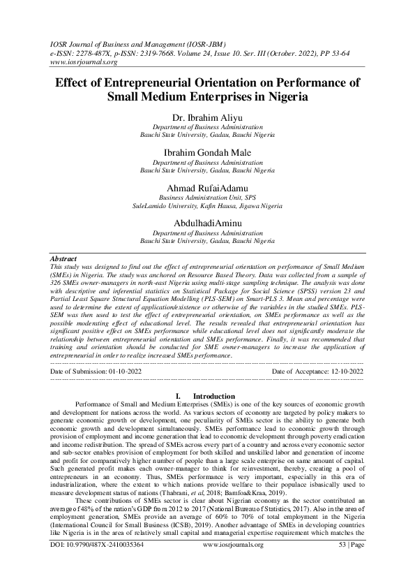 (PDF) Effect of Entrepreneurial Orientation on Performance of Small ...