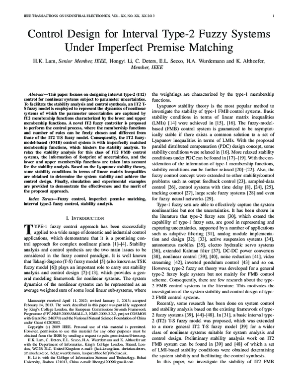 (PDF) Control Design for Interval Type-2 Fuzzy Systems Under Imperfect ...