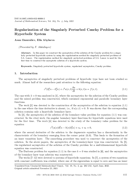 (PDF) Regularization of the Singularly Perturbed Cauchy Problem for a ...