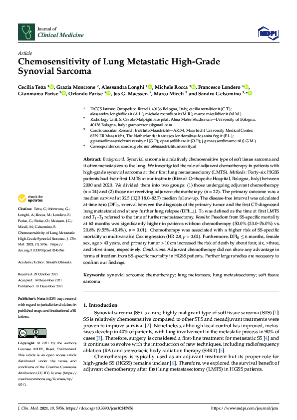 (PDF) Chemosensitivity of Lung Metastatic High-Grade Synovial Sarcoma
