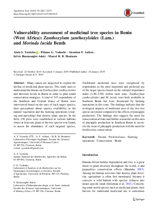 (PDF) Vulnerability assessment of medicinal tree species in Benin (West ...