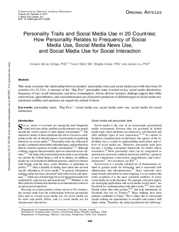 (PDF) Personality Traits and Social Media Use in 20 Countries: How ...
