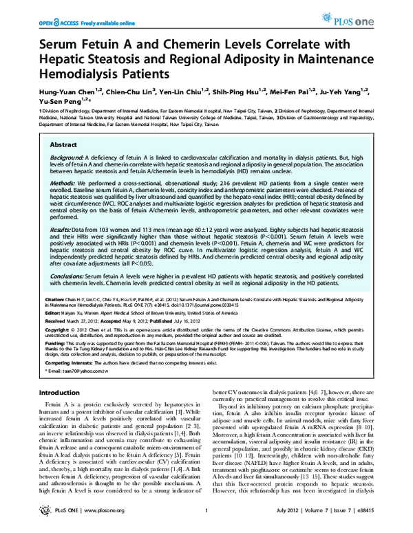 (PDF) Serum Fetuin A and Chemerin Levels Correlate with Hepatic ...