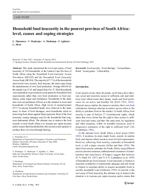 (PDF) Household food insecurity in the poorest province of South Africa ...