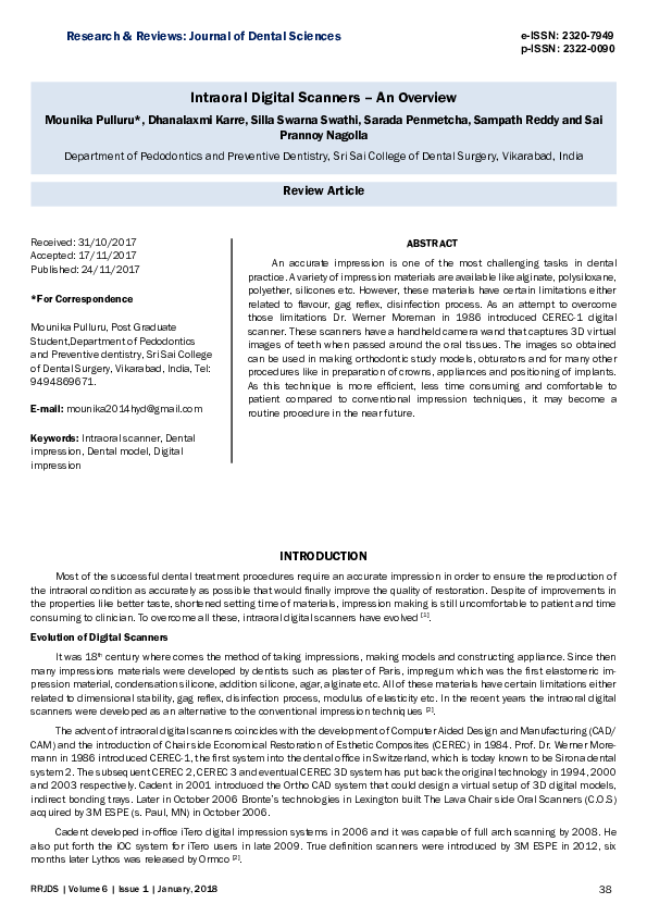 (PDF) Intraoral Digital Scanners – An Overview