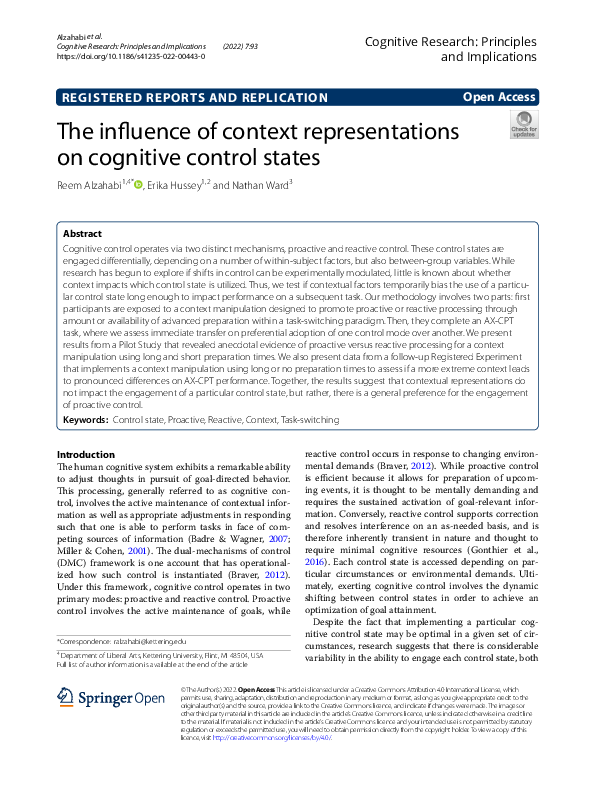 (PDF) The influence of context representations on cognitive control states