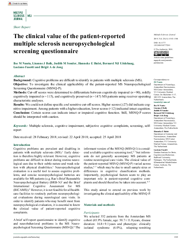 (PDF) The clinical value of the patient-reported multiple sclerosis ...
