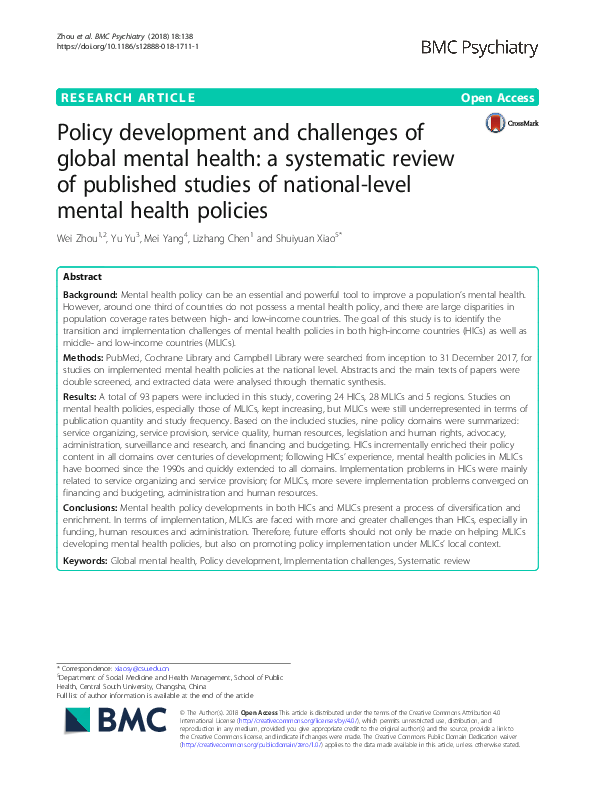 (PDF) Policy development and challenges of global mental health: a ...