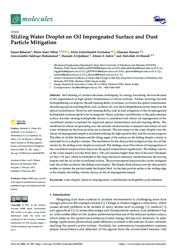 (PDF) Sliding Water Droplet on Oil Impregnated Surface and Dust ...