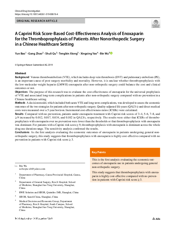 (PDF) A Caprini Risk Score-Based Cost-Effectiveness Analysis of ...