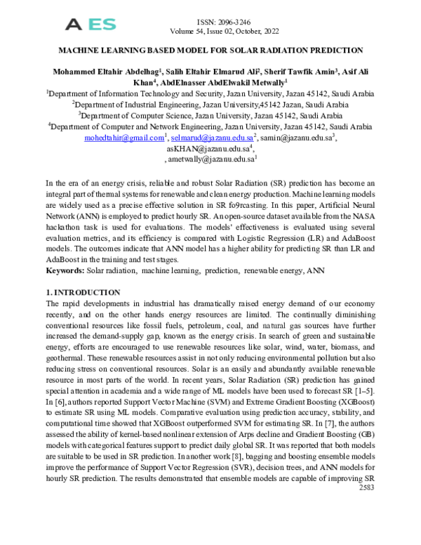 (PDF) MACHINE LEARNING BASED MODEL FOR SOLAR RADIATION PREDICTION
