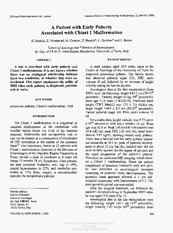 (PDF) A Patient with Early Puberty Associated with Chiari 1 Malformation