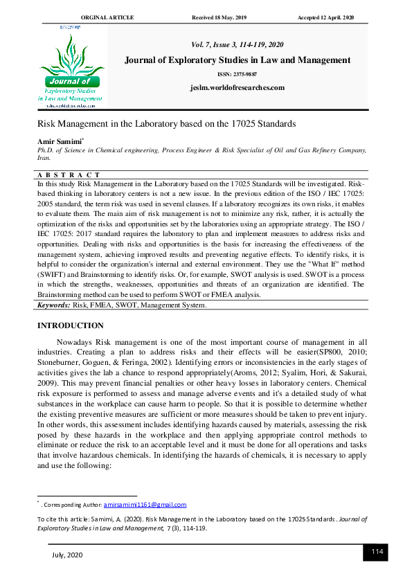 (PDF) Risk Management in the Laboratory based on the 17025 Standards