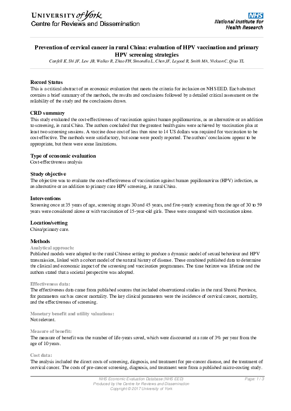 (PDF) Prevention of cervical cancer in rural China: Evaluation of HPV ...