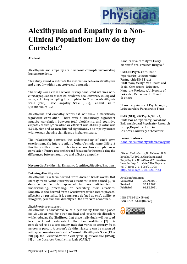 (PDF) Alexithymia and Empathy in a Non-Clinical Population: How do they ...