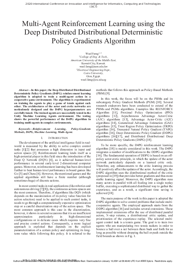 (PDF) Multi-Agent Reinforcement Learning using the Deep Distributed ...
