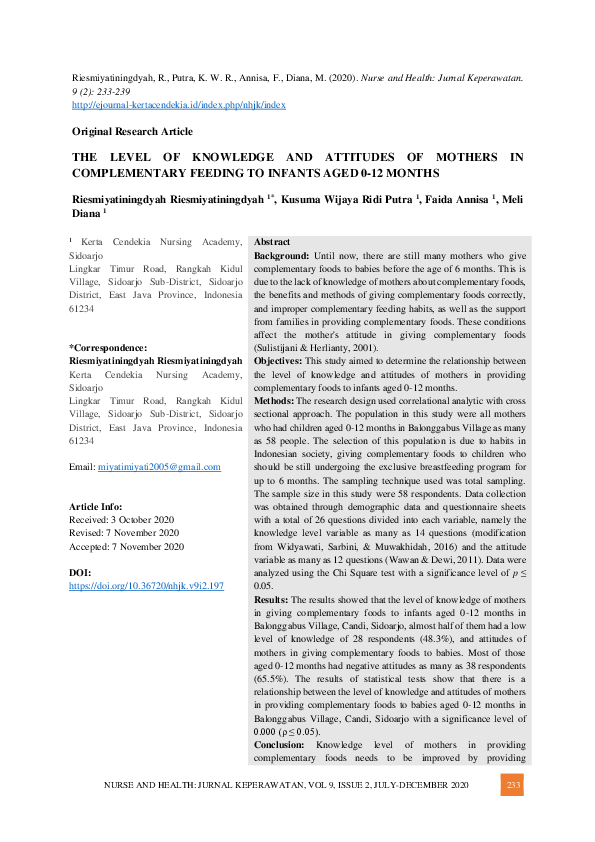 (PDF) The Level of Knowledge and Attitudes of Mothers in Complementary ...