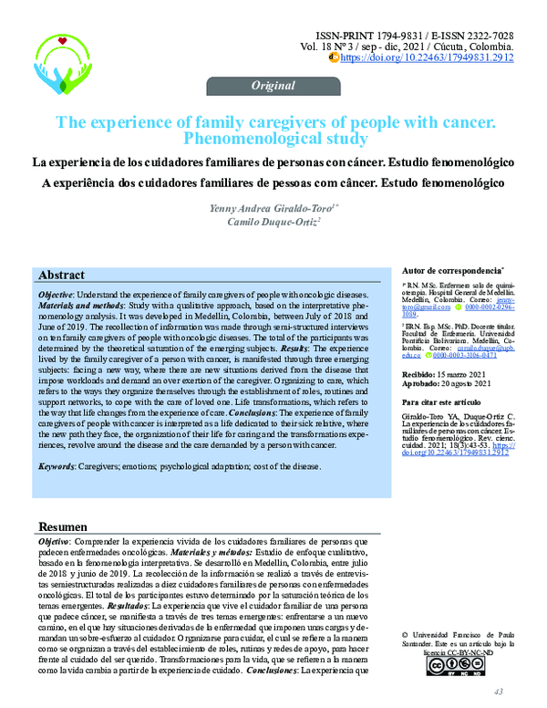(PDF) The experience of family caregivers of people with cancer ...