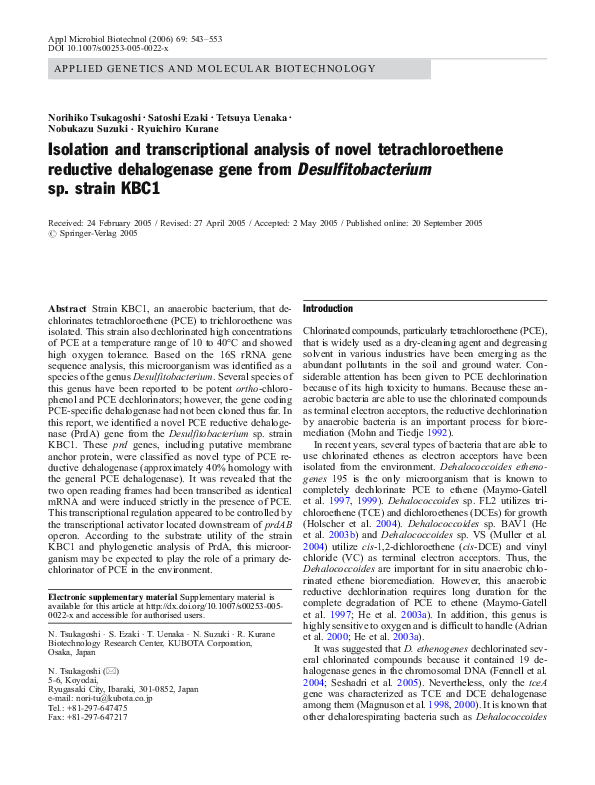 (PDF) Isolation and transcriptional analysis of novel tetrachloroethene ...