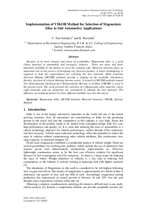 (PDF) Implementation of VIKOR Method for Selection of Magnesium Alloy ...