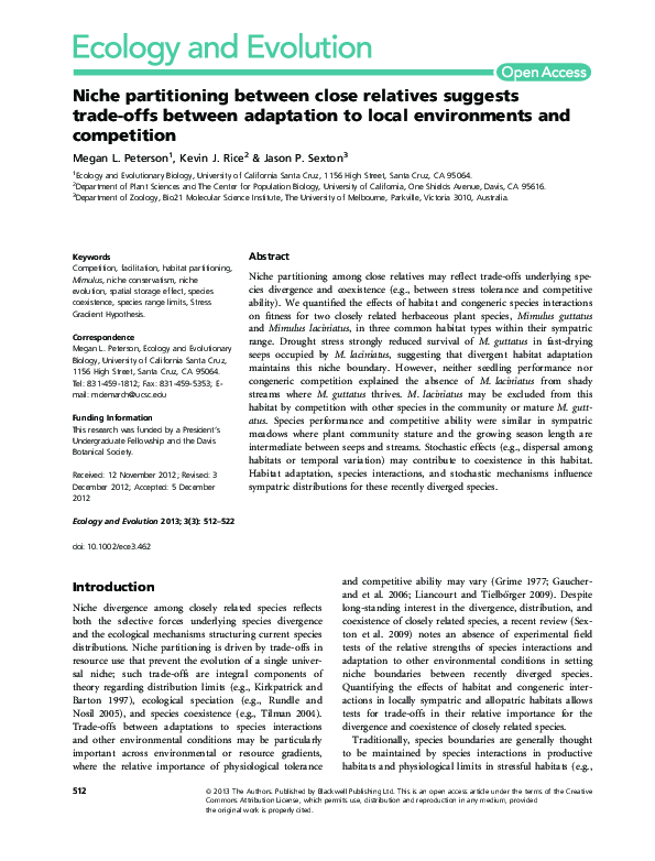 (PDF) Niche partitioning between close relatives suggests trade‐offs ...