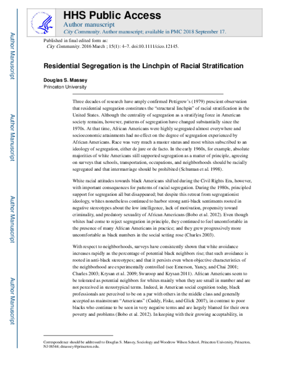 (PDF) Residential Segregation is the Linchpin of Racial Stratification
