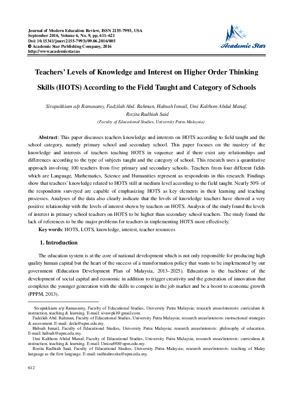 (PDF) Teachers’ Levels of Knowledge and Interest on Higher Order ...