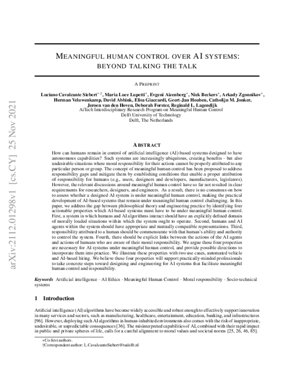 (PDF) Meaningful human control over AI systems: beyond talking the talk